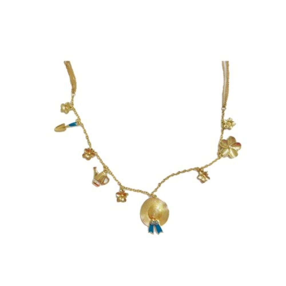 Gold Tone Charm Necklace Blue Accent Pendant